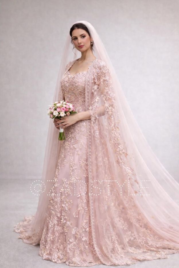 Blush pink occasion gown with cape sleeves and bouquet, Zad Style